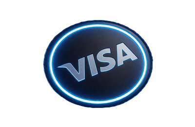 VISA Kreditkarten-Emblem mit neon-blauem Umriss auf dunklem Karbonfaser-Untergrund bei Roby Casino Zahlungsmethoden