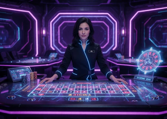 Futuristisches Live-Casino-Studio mit neon-lila Beleuchtung und Dealerin in schwarzem LED-Uniform bei Roby Casino
