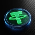 Leuchtendes neon-gr&uuml;nes Tether USDT-Token auf dunklem Karbonfaser-Untergrund bei Roby Casino