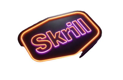 Skrill E-Wallet-Logo mit neon-orangem und lila Umriss auf dunklem Karbonfaser-Untergrund bei Roby Casino Zahlungsmethoden
