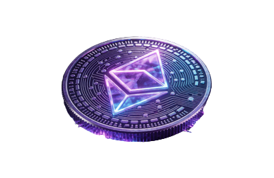 Ethereum ETH Diamant-Token mit lila und blauem Neon-Gl&uuml;hen auf dunklem Karbonfaser-Untergrund bei Roby Casino Krypto-Zahlung