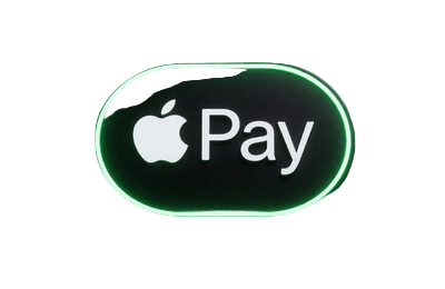 Apple Pay Mobile-Payment-Emblem mit neon-gr&uuml;nem und wei&szlig;em Umriss auf dunklem Karbonfaser-Untergrund bei Roby Casino Zahlungsmethoden