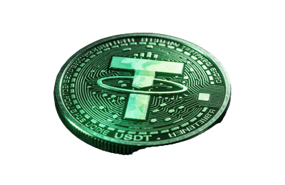 Tether USDT Token mit neon-gr&uuml;nen Schaltkreisen auf dunklem Karbonfaser-Untergrund bei Roby Casino Krypto-Zahlung