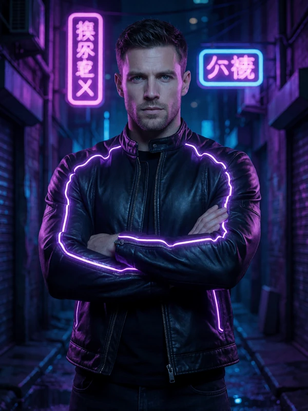 Futuristisches Model in Lederjacke mit neon-lila LED-Streifen in Cyberpunk-Gasse bei Roby Casino Bonus