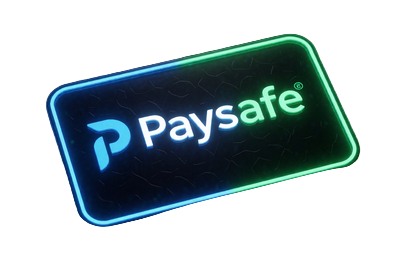 PaysafeCard Prepaid-Gutschein-Emblem mit neon-blauem und gr&uuml;nem Umriss auf dunklem Karbonfaser-Untergrund bei Roby Casino Zahlungsmethoden