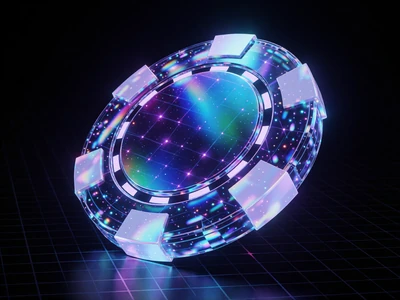 Holografisches neon-blaues Bonus-Chip-Symbol &uuml;ber dunklem Raster bei Roby Casino Willkommensbonus