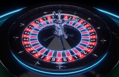 Live-Roulette-Tisch mit holografischem Rad in dunklem Neon-Studio bei Roby Casino