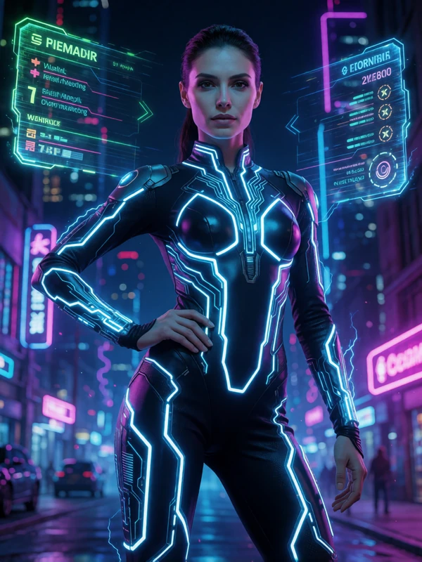 Futuristisches Model in neon-blauem Cyberpunk-Bodysuit in n&auml;chtlicher Neon-Stadtlandschaft bei Roby Casino