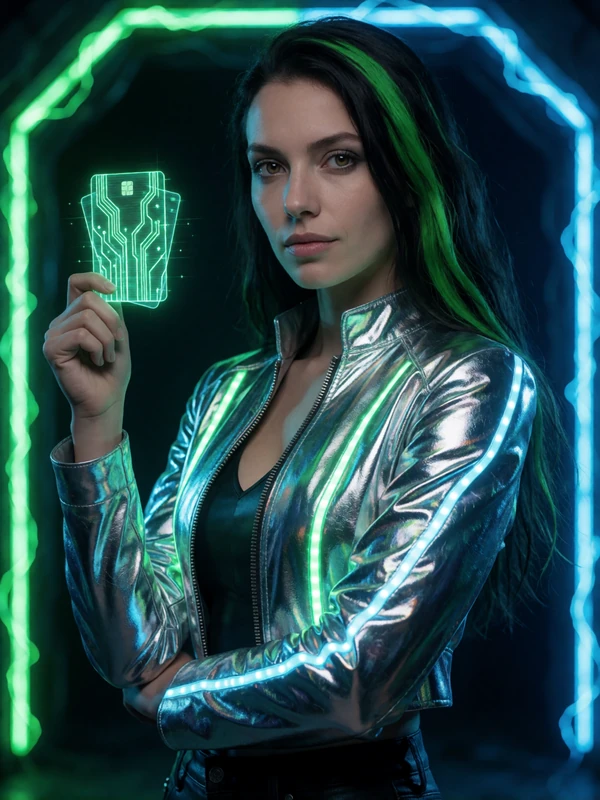 Futuristisches Model mit neon-gr&uuml;nen Haarstr&auml;hnen und Chromjacke h&auml;lt holografische Zahlungskarte im Cyberpunk-Gateway bei Roby Casino