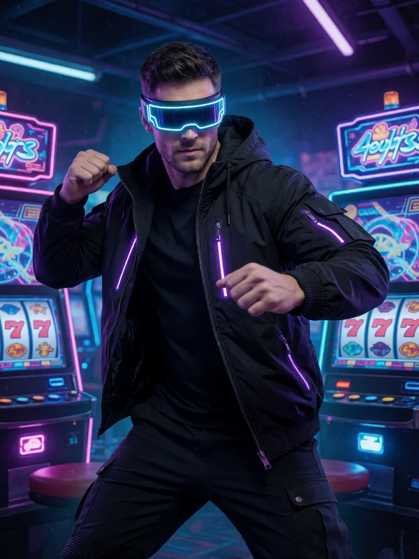 M&auml;nnliches Model im Cyberpunk-Visor mit neon-blauem Gl&uuml;hen in futuristischer Arcade-Halle bei Roby Casino Spielen