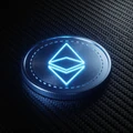 Leuchtendes neon-blaues Ethereum ETH-Token auf dunklem Karbonfaser-Untergrund bei Roby Casino