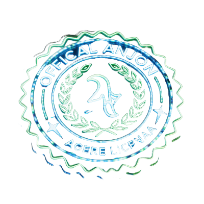 Holografisches Anjouan-Gaming-Lizenz-Siegel mit neon-blauem und gr&uuml;nem Gl&uuml;hen auf dunklem Karbonfaser-Untergrund bei Roby Casino