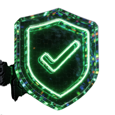 Gamecheck-Fairness-Zertifizierungsabzeichen als leuchtendes neon-gr&uuml;nes Schild mit H&auml;kchen auf dunklem Hintergrund bei Roby Casino