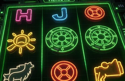 Neon-Heist-Slot mit gr&uuml;nem Lasergitter und leuchtenden Gew&ouml;lbe-Symbolen bei Roby Casino
