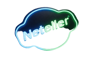 Neteller E-Wallet-Logo mit neon-blauem und gr&uuml;nem Umriss auf dunklem Karbonfaser-Untergrund bei Roby Casino Zahlungsmethoden