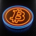 Leuchtendes neon-oranges Bitcoin BTC-Token auf dunklem Karbonfaser-Untergrund bei Roby Casino