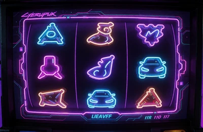 Neonbeleuchteter Cyberpunk-Slot-Automat mit lila und blauem Gl&uuml;hen bei Roby Casino