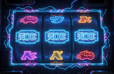 Cyberpunk-Stadt-Slot mit neon-blauen Walzen f&uuml;r Freispiele bei Roby Casino