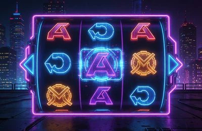 Cyberpunk-Themen-Slot mit neon-blauer Skyline und lila Reels bei Roby Casino
