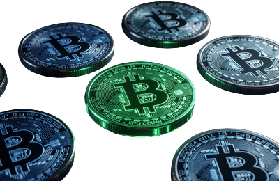 Mehrere Krypto-Token mit neon-gr&uuml;nem und blauem Gl&uuml;hen &uuml;ber dunklem Karbonfaser-Untergrund bei Roby Casino Krypto-Zahlungen