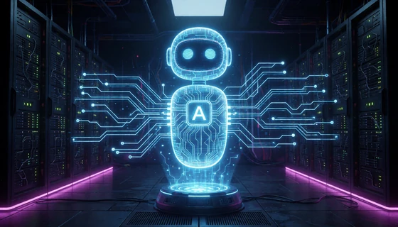 Futuristische KI-Chatbot-Hologramm-Schnittstelle in dunklem Serverraum bei Roby Casino Support